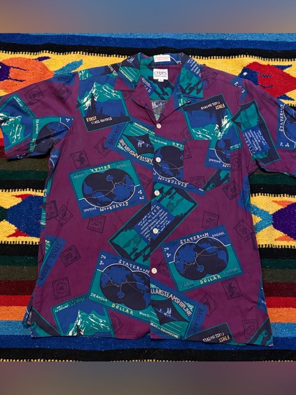 Chaps Ralph Lauren Purple & Teal Travel Print Camp Shirt
